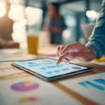 Une personne consulte des graphiques et tableaux de performance marketing sur une tablette posée sur une table de réunion, entourée de documents imprimés présentant des données et statistiques. Scène en environnement professionnel, centrée sur l’analyse de données