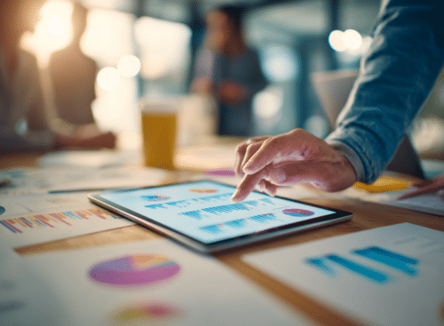 Une personne consulte des graphiques et tableaux de performance marketing sur une tablette posée sur une table de réunion, entourée de documents imprimés présentant des données et statistiques. Scène en environnement professionnel, centrée sur l’analyse de données