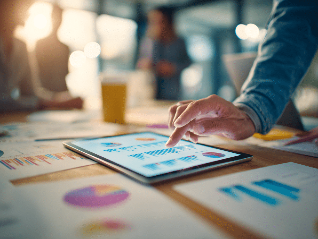 Une personne consulte des graphiques et tableaux de performance marketing sur une tablette posée sur une table de réunion, entourée de documents imprimés présentant des données et statistiques. Scène en environnement professionnel, centrée sur l’analyse de données