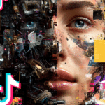 Visage humain hybride mêlant éléments technologiques et logos de réseaux sociaux comme TikTok et Instagram, symbolisant l’intégration des contenus sociaux dans Google Discover.