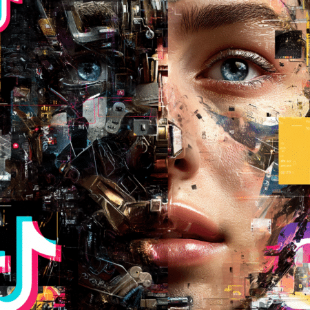 Visage humain hybride mêlant éléments technologiques et logos de réseaux sociaux comme TikTok et Instagram, symbolisant l’intégration des contenus sociaux dans Google Discover.