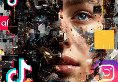 Visage humain hybride mêlant éléments technologiques et logos de réseaux sociaux comme TikTok et Instagram, symbolisant l’intégration des contenus sociaux dans Google Discover.