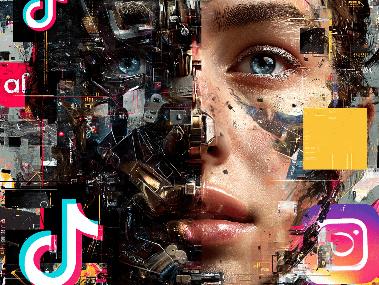 Visage humain hybride mêlant éléments technologiques et logos de réseaux sociaux comme TikTok et Instagram, symbolisant l’intégration des contenus sociaux dans Google Discover.