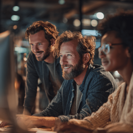 Équipe travaillant sur un projet d’IA et marketing digital