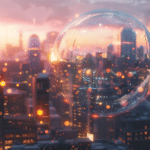 Grande bulle transparente flottant au-dessus d’une ville futuriste au coucher du soleil, reflétant les lumières et les buildings. Image métaphorique évoquant une bulle technologique liée à l’intelligence artificielle.