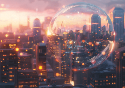 Grande bulle transparente flottant au-dessus d’une ville futuriste au coucher du soleil, reflétant les lumières et les buildings. Image métaphorique évoquant une bulle technologique liée à l’intelligence artificielle.