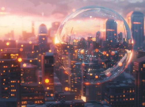 Grande bulle transparente flottant au-dessus d’une ville futuriste au coucher du soleil, reflétant les lumières et les buildings. Image métaphorique évoquant une bulle technologique liée à l’intelligence artificielle.