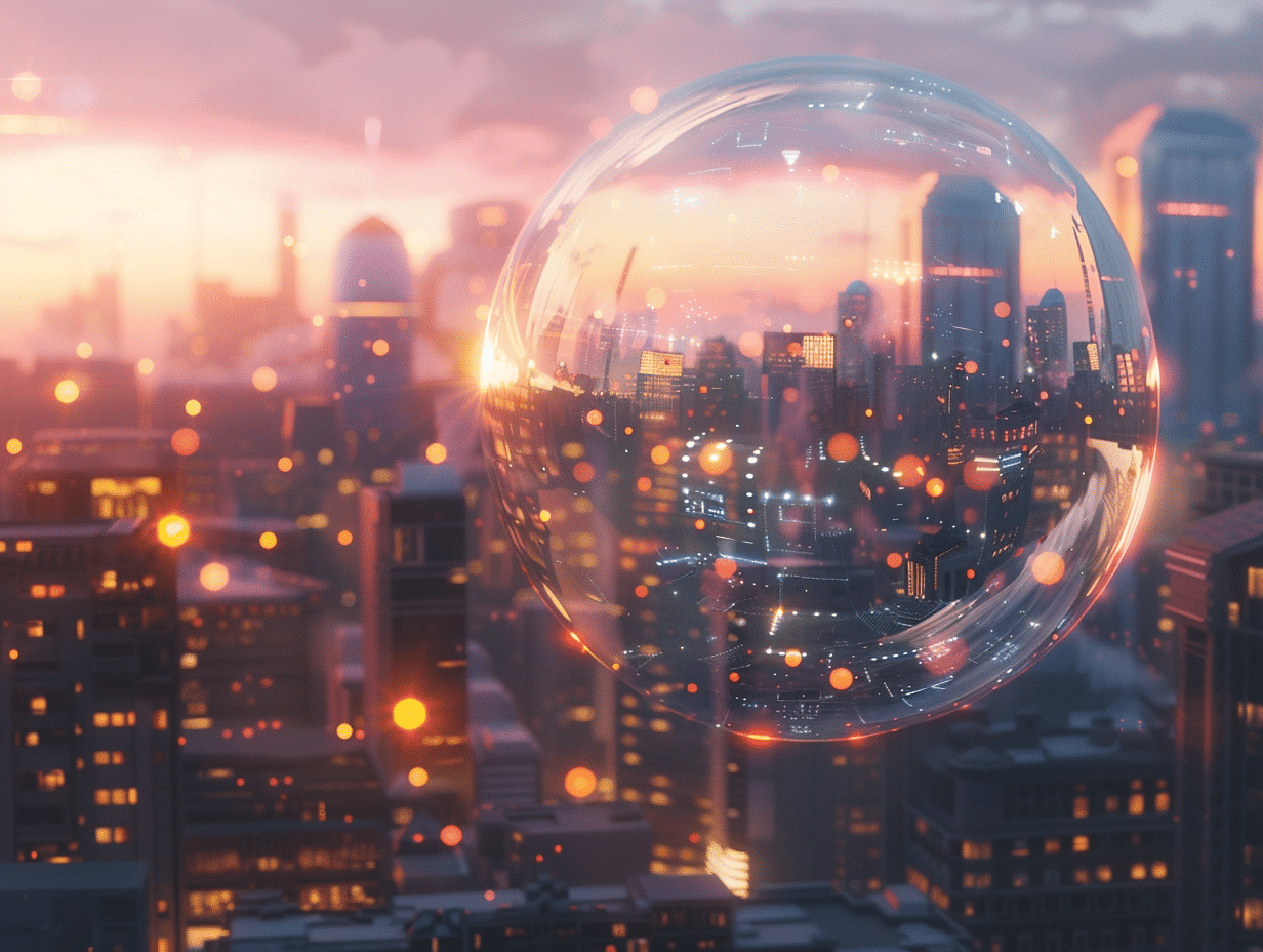 Grande bulle transparente flottant au-dessus d’une ville futuriste au coucher du soleil, reflétant les lumières et les buildings. Image métaphorique évoquant une bulle technologique liée à l’intelligence artificielle.