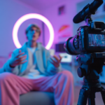Un créateur de contenu en train d’enregistrer une vidéo face à une caméra, entouré d’un éclairage néon circulaire en arrière-plan dans une ambiance studio.
