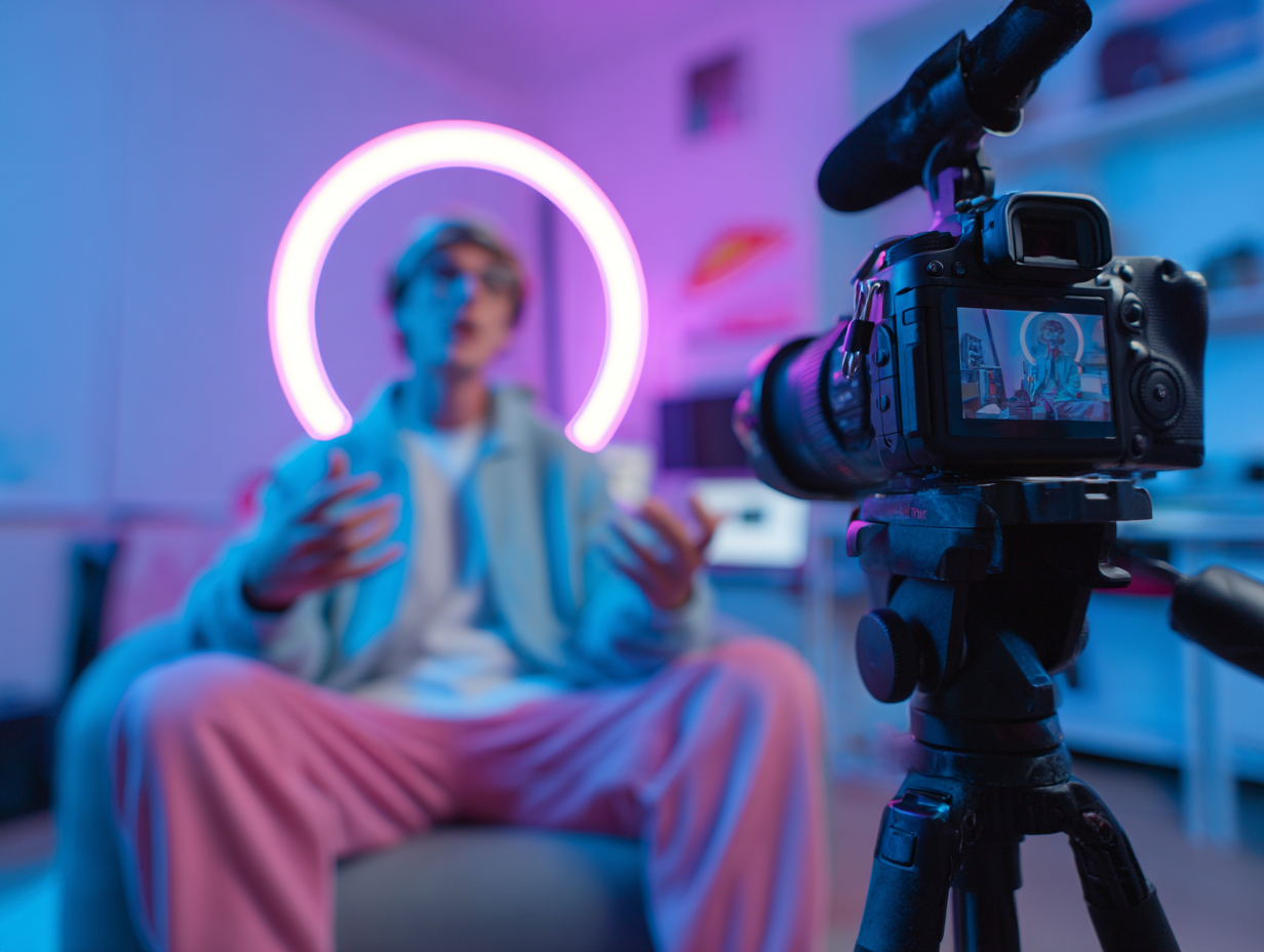 Un créateur de contenu en train d’enregistrer une vidéo face à une caméra, entouré d’un éclairage néon circulaire en arrière-plan dans une ambiance studio.
