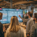 Un groupe de professionnels du marketing analysant des tableaux de données sur un grand écran dans un espace de travail moderne, illustrant les nouvelles pratiques du GEO et du SEO en 2026.