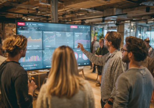 Un groupe de professionnels du marketing analysant des tableaux de données sur un grand écran dans un espace de travail moderne, illustrant les nouvelles pratiques du GEO et du SEO en 2026.