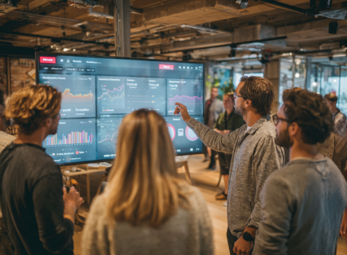 Un groupe de professionnels du marketing analysant des tableaux de données sur un grand écran dans un espace de travail moderne, illustrant les nouvelles pratiques du GEO et du SEO en 2026.