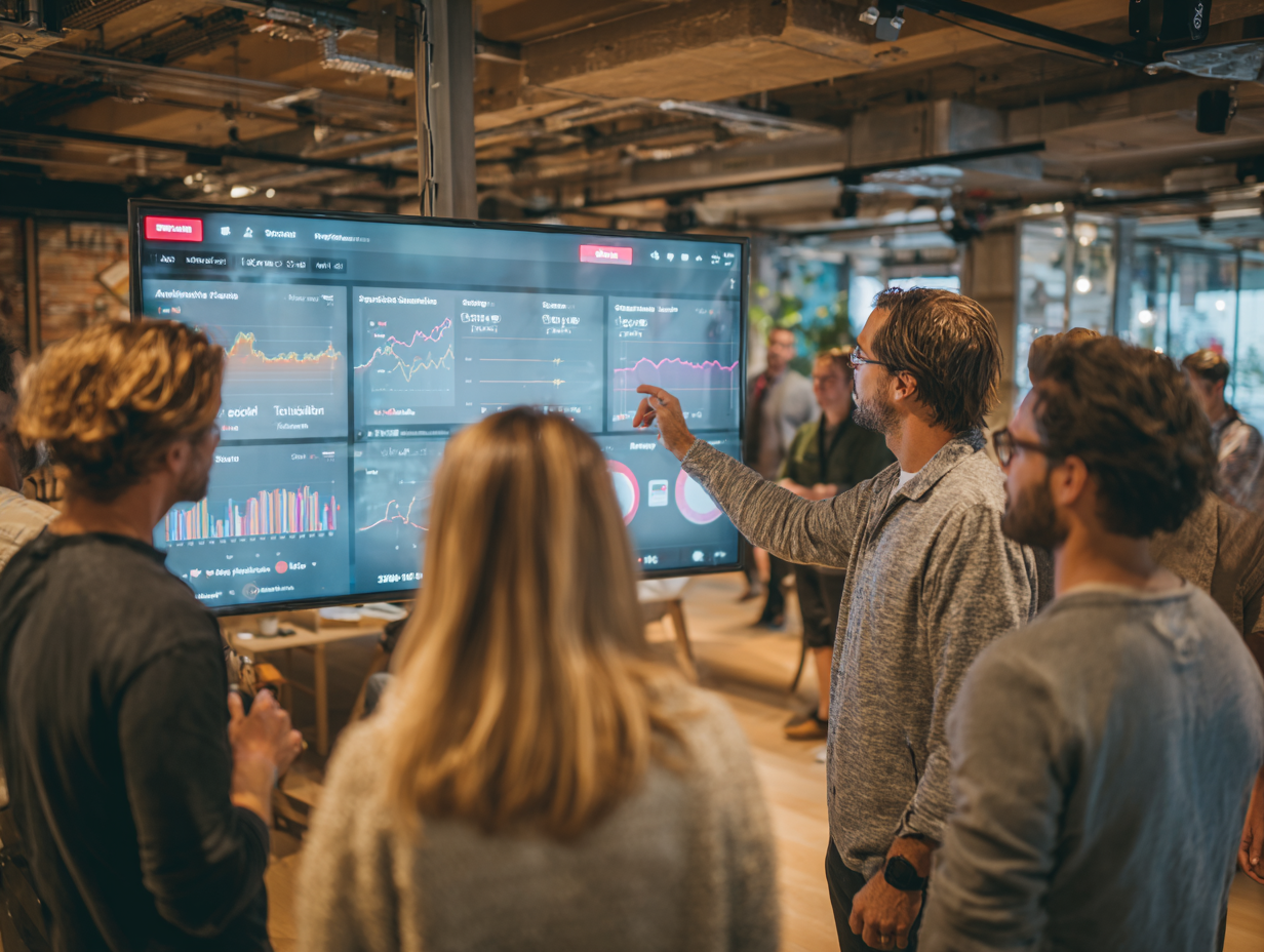 Un groupe de professionnels du marketing analysant des tableaux de données sur un grand écran dans un espace de travail moderne, illustrant les nouvelles pratiques du GEO et du SEO en 2026.