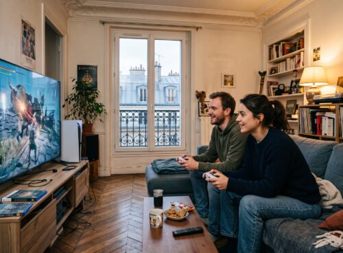Deux jeunes joueurs de jeux vidéo devant la télévision du salon de leur appartement